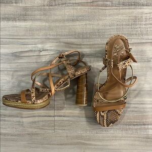 Vince camuto strappy heels with raffia sides and wooden heel
